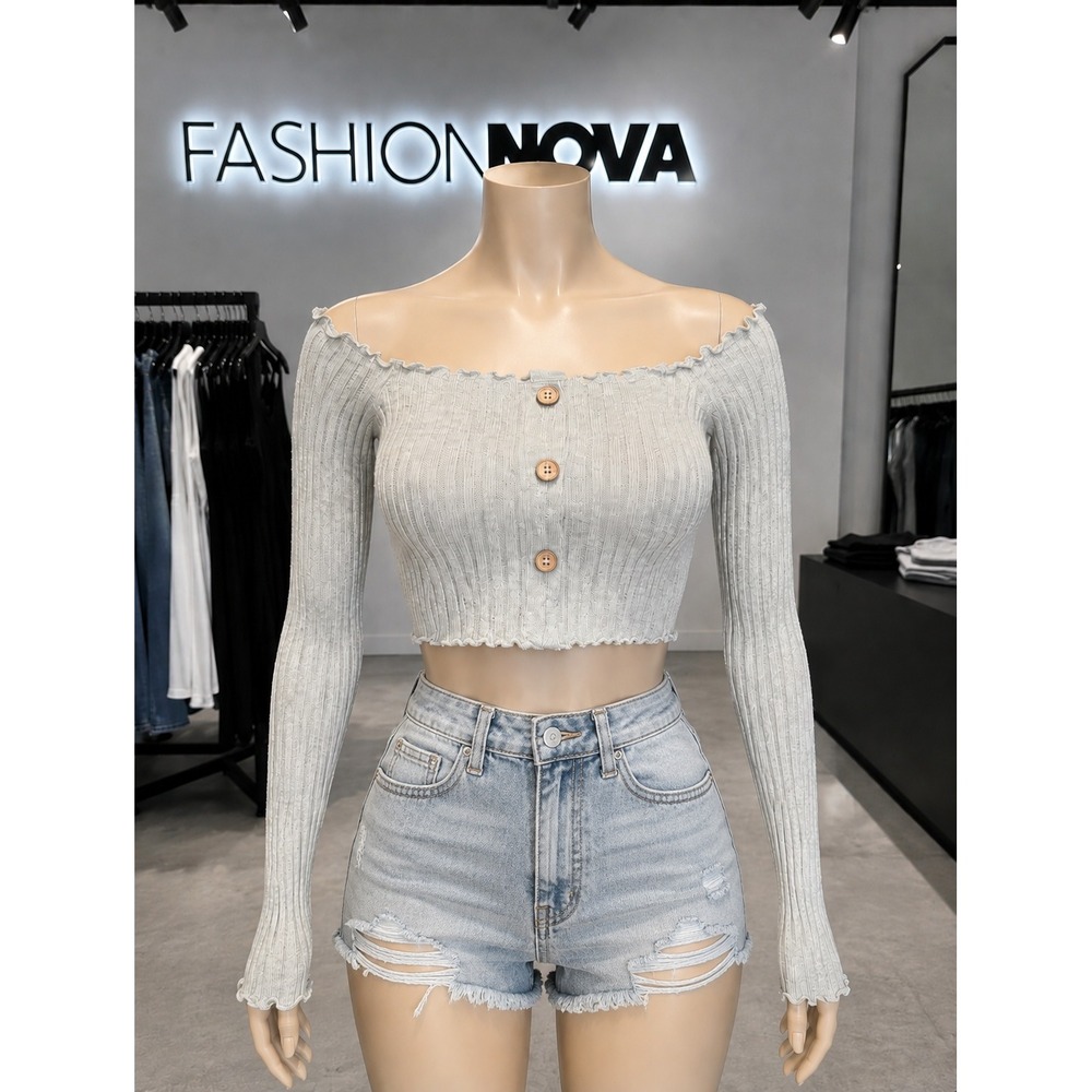 Fashion Nova Festival Cropped Top Ribbed Off-Shoulder, 3 Buttons, Small